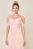 Vestidos Para Casamento Convidada Corar RosaLinha-A Ombro Frio Tule Longo