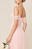 Vestidos Para Casamento Convidada Corar RosaLinha-A Ombro Frio Tule Longo