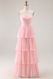 Blush Rosa Uma Linha Tiered Chiffon Long Bridesmaid Dress com Folhos