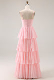 Blush Rosa Uma Linha Tiered Chiffon Long Bridesmaid Dress com Folhos