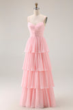 Blush Rosa Uma Linha Tiered Chiffon Long Bridesmaid Dress com Folhos