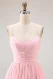 Blush Rosa Uma Linha Tiered Chiffon Long Bridesmaid Dress com Folhos