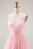 Blush Rosa Uma Linha Tiered Chiffon Long Bridesmaid Dress com Folhos