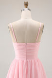 Blush Rosa Uma Linha Tiered Chiffon Long Bridesmaid Dress com Folhos