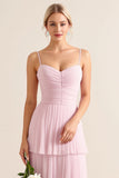 Vestidos Para Casamento Convidada Rosa Doce Longo Alças Finas Linha-A