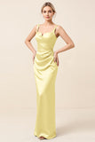 Vestidos Para Casamento Convidada Amarelo Cetim Ruched Longo Bainha