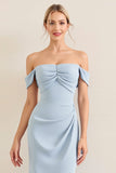 Vestidos Para Casamento Convidada Céu Azul Fora do Ombro Chiffon Longo