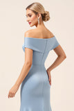 Vestidos Para Casamento Convidada com Fenda Céu Azul Fora do Ombro Cetim Longo