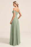 Vestidos Para Casamento Convidada Matcha Chiffon Linha-A Fora do Ombro Longo