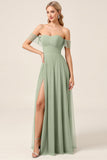 Vestidos Para Casamento Convidada Matcha Chiffon Linha-A Fora do Ombro Longo