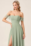 Vestidos Para Casamento Convidada Matcha Chiffon Linha-A Fora do Ombro Longo
