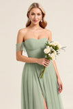 Vestidos Para Casamento Convidada Matcha Chiffon Linha-A Fora do Ombro Longo
