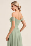Vestidos Para Casamento Convidada Matcha Chiffon Linha-A Fora do Ombro Longo