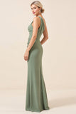 Vestidos Para Casamento Convidada con Fenda Matcha Um Ombro Chiffon Longo