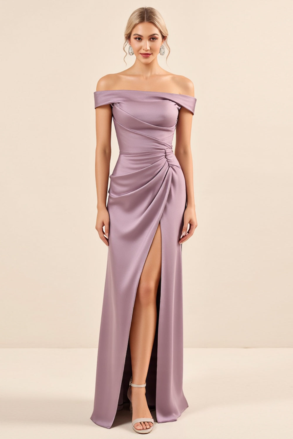 Vestidos Para Casamento Convidada Vintage Mauve Bainha Longo Fora do Ombro Cetim