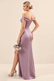 Vestidos Para Casamento Convidada Vintage Mauve Bainha Longo Fora do Ombro Cetim