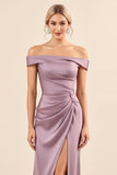 Vestidos Para Casamento Convidada Vintage Mauve Bainha Longo Fora do Ombro Cetim