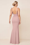 Vestidos Para Casamento Convidada com Fenda Rosa Poeirenta Alças Finas Ruched