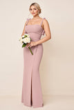 Vestidos Para Casamento Convidada com Fenda Rosa Poeirenta Alças Finas Ruched
