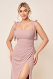 Vestidos Para Casamento Convidada com Fenda Rosa Poeirenta Alças Finas Ruched