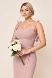 Vestidos Para Casamento Convidada com Fenda Rosa Poeirenta Alças Finas Ruched
