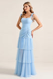 Vestidos Para Casamento Convidada com Fenda Longo Azul Céu Bainha Pescoço Quadrad
