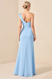 Vestidos Para Casamento Convidada Longo Céu Azul Bainha Um Ombro Cetim