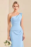 Vestidos Para Casamento Convidada Longo Céu Azul Bainha Um Ombro Cetim
