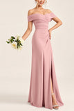 Vestidos Para Casamento Convidada com Fenda Longo Corar Rosa Bainha Fora do Ombro