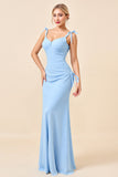Vestidos Para Casamento Convidada com Fenda Azul Céu Bainha Alças Finas Ruched Longo