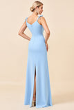 Vestidos Para Casamento Convidada com Fenda Azul Céu Bainha Alças Finas Ruched Longo