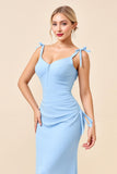 Vestidos Para Casamento Convidada com Fenda Azul Céu Bainha Alças Finas Ruched Longo