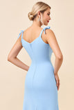 Vestidos Para Casamento Convidada com Fenda Azul Céu Bainha Alças Finas Ruched Longo