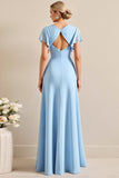 Vestidos Para Casamento Convidada com Fenda Azul Céu Bainha Decote em V Longo Cetim