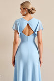 Vestidos Para Casamento Convidada com Fenda Azul Céu Bainha Decote em V Longo Cetim