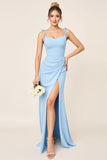 Vestidos Para Casamento Convidada com Fenda Azul Céu Bainha Alças Finas Longo Ruched Cetim