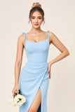 Vestidos Para Casamento Convidada com Fenda Azul Céu Bainha Alças Finas Longo Ruched Cetim