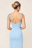 Vestidos Para Casamento Convidada com Fenda Azul Céu Bainha Alças Finas Longo Ruched Cetim