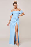 Vestidos Para Casamento Convidada com Fenda Bainha Azul Céu Babado Fora do Ombro Longo
