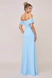 Vestidos Para Casamento Convidada com Fenda Bainha Azul Céu Babado Fora do Ombro Longo