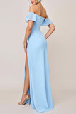 Vestidos Para Casamento Convidada com Fenda Bainha Azul Céu Babado Fora do Ombro Longo