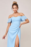 Vestidos Para Casamento Convidada com Fenda Bainha Azul Céu Babado Fora do Ombro Longo