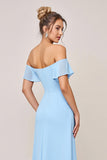 Vestidos Para Casamento Convidada com Fenda Bainha Azul Céu Babado Fora do Ombro Longo