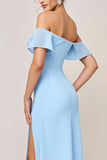 Vestidos Para Casamento Convidada com Fenda Bainha Azul Céu Babado Fora do Ombro Longo