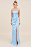 Vestidos Para Casamento Convidada com Fenda Céu Azul Sereia Alças Finas Longo Ruched Cetim