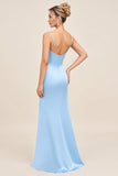 Vestidos Para Casamento Convidada com Fenda Céu Azul Sereia Alças Finas Longo Ruched Cetim