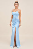 Vestidos Para Casamento Convidada com Fenda Céu Azul Sereia Alças Finas Longo Ruched Cetim