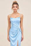 Vestidos Para Casamento Convidada com Fenda Céu Azul Sereia Alças Finas Longo Ruched Cetim
