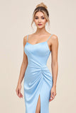 Vestidos Para Casamento Convidada com Fenda Céu Azul Sereia Alças Finas Longo Ruched Cetim