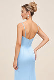 Vestidos Para Casamento Convidada com Fenda Céu Azul Sereia Alças Finas Longo Ruched Cetim